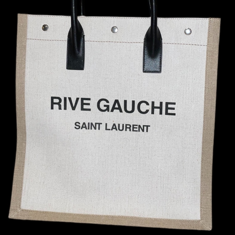 Saint Laurent Rive Gauche Canvas Tote in White and Tan with Black Handles